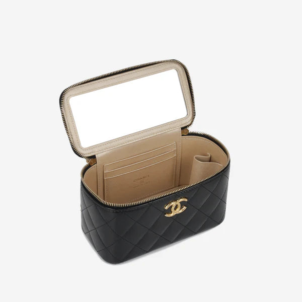 Chanel Small Vanity Case with Chain – Black Lambskin Quilted Leather - Zeuskicks
