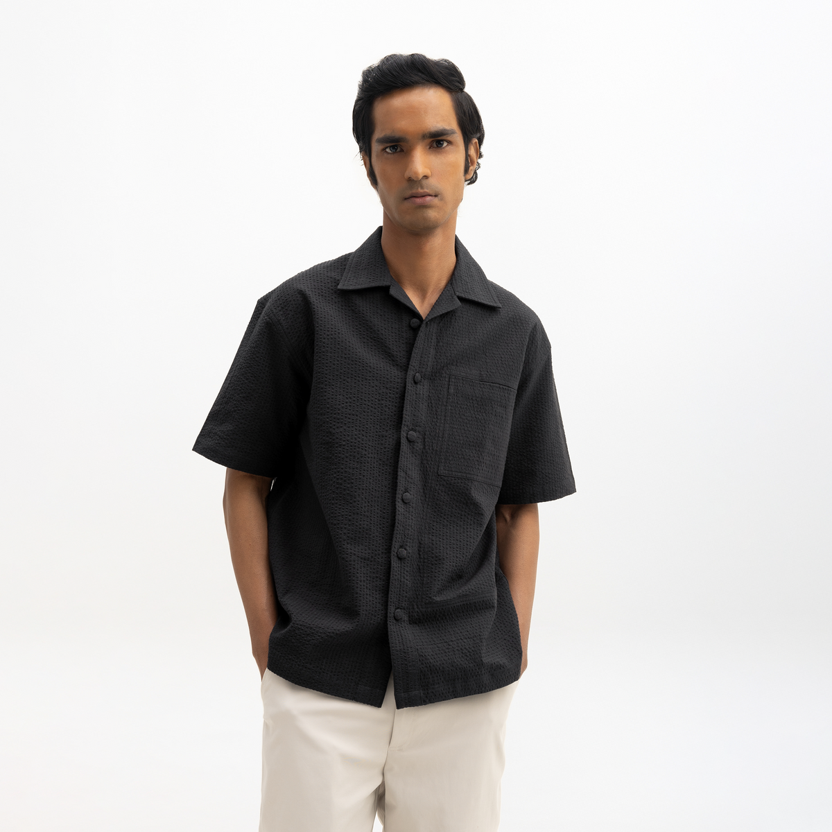 SEER SUCKER CUBAN SHIRT - BLACK by Warping Theories