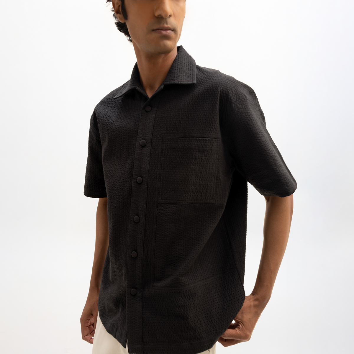SEER SUCKER CUBAN SHIRT - BLACK by Warping Theories
