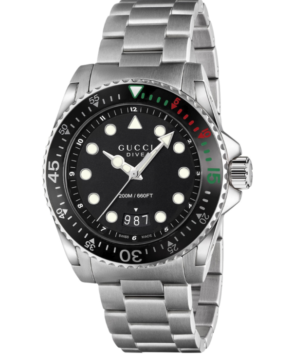 Men’s Gucci YA136208A Dive Quartz Black Dial Brushed Steel Watch