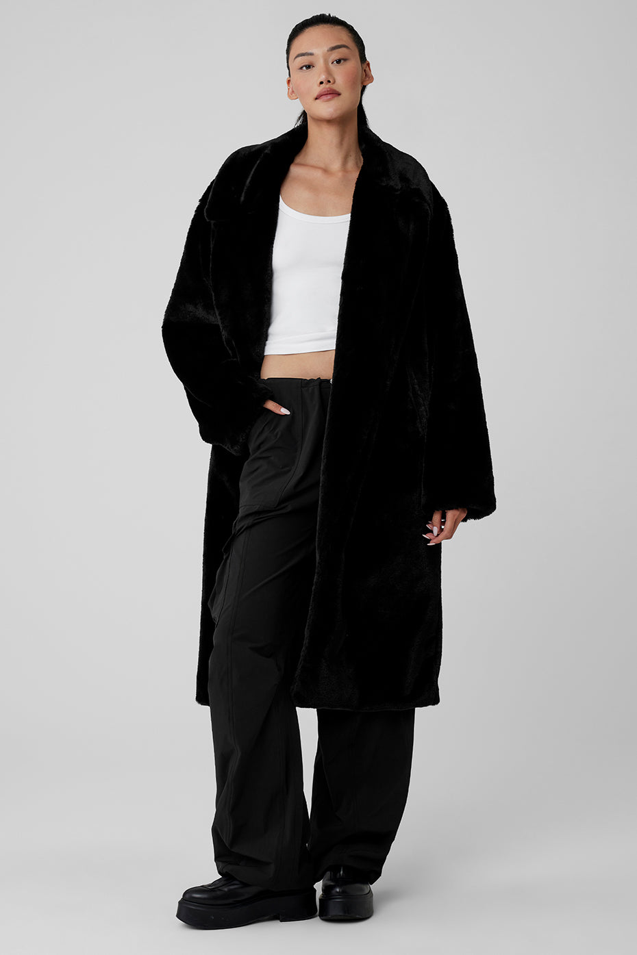Oversized Faux Fur Trench - Black (U4004R)