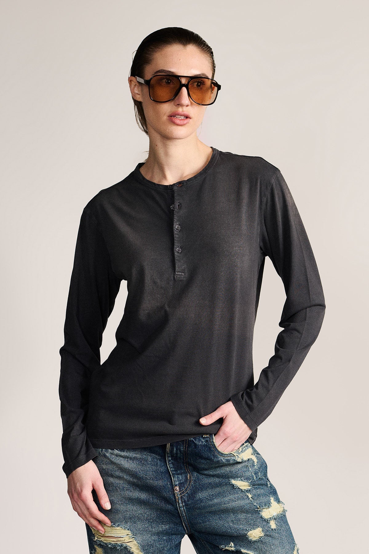 WORN BLACK HENLEY- TEE by Temporary Clo