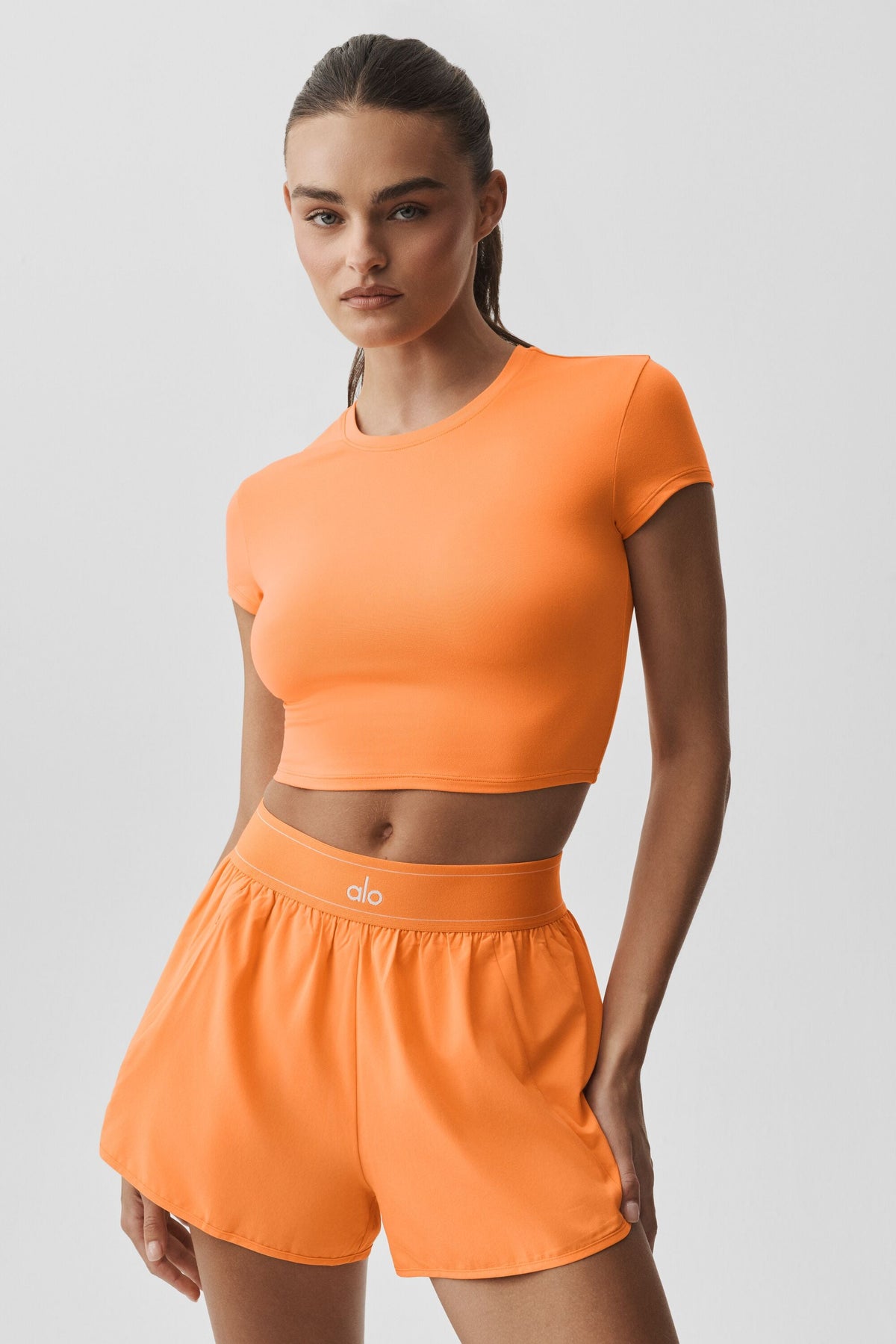 Alo Yoga Alosoft Crop Finesse Short Sleeve in Satsuma Breeze, product image 2 of 5