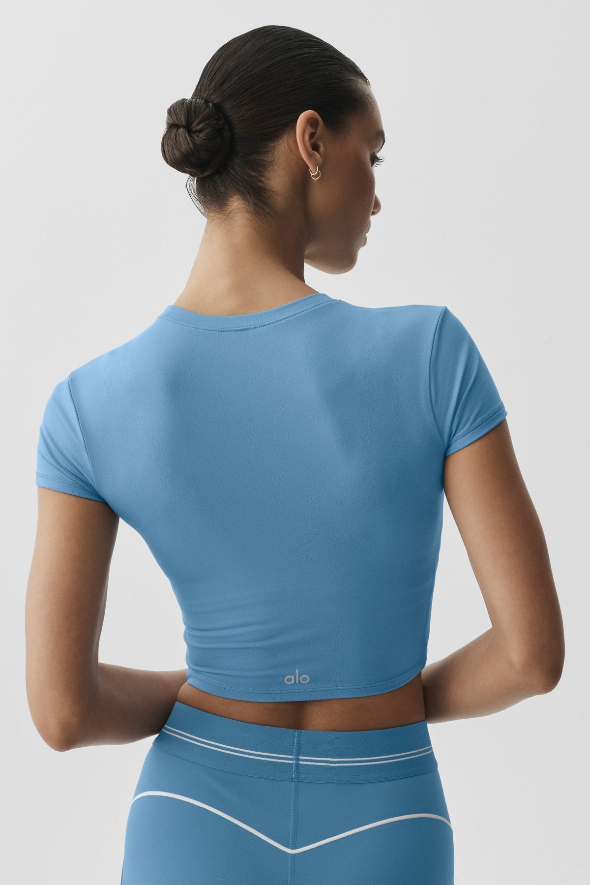 Alo Yoga Alosoft Crop Finesse Short Sleeve in California Blue, product image 2 of 4