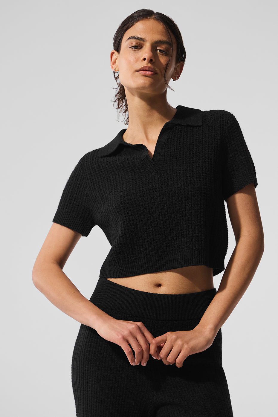 Cashmere Plush Waffle Polo Tee - Black (W1468R)