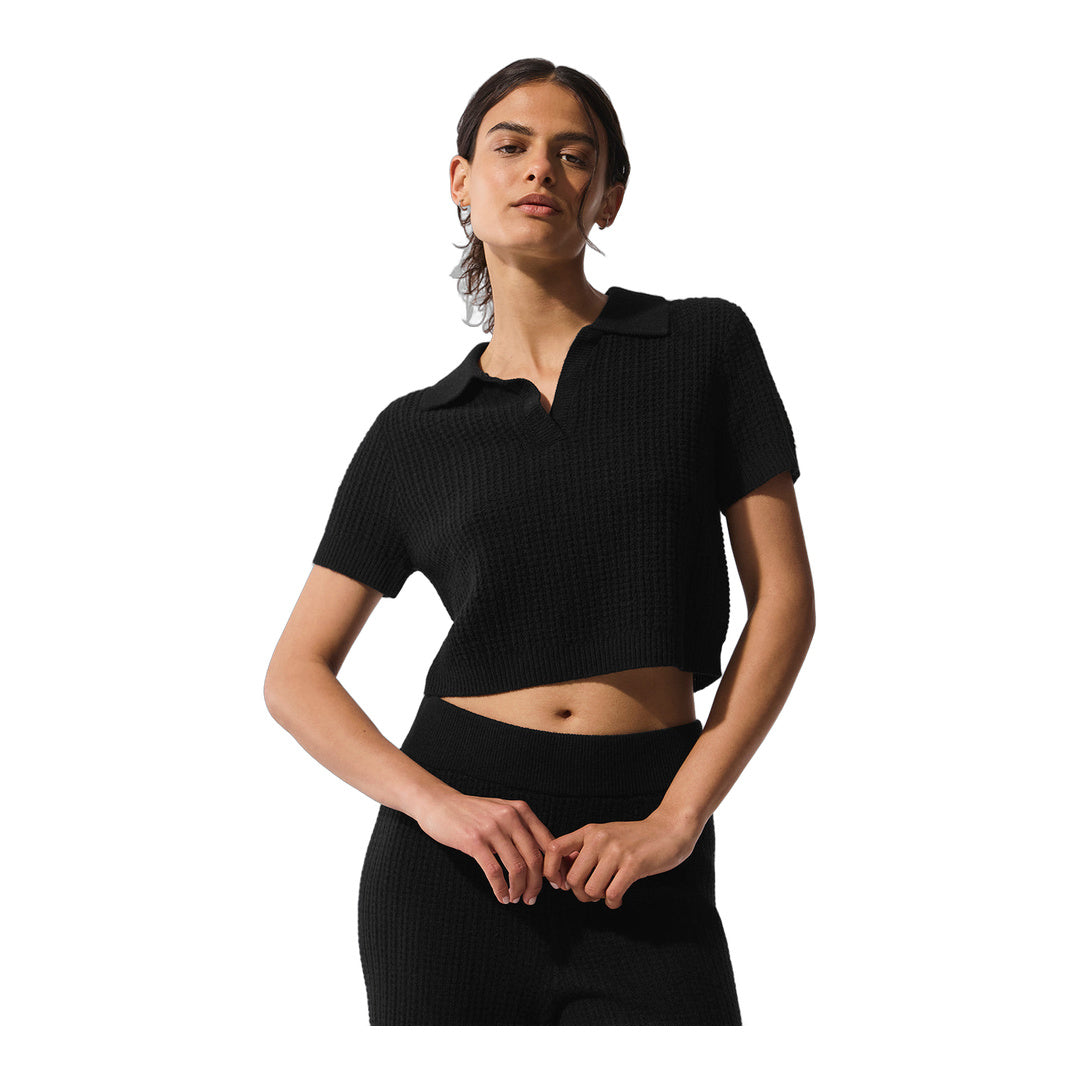 alo Cashmere Plush Waffle Polo Tee - Black by Alo Yoga
