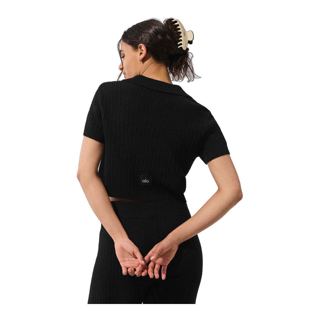 alo Cashmere Plush Waffle Polo Tee - Black by Alo Yoga