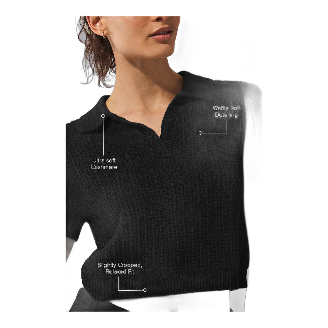 alo Cashmere Plush Waffle Polo Tee - Black by Alo Yoga