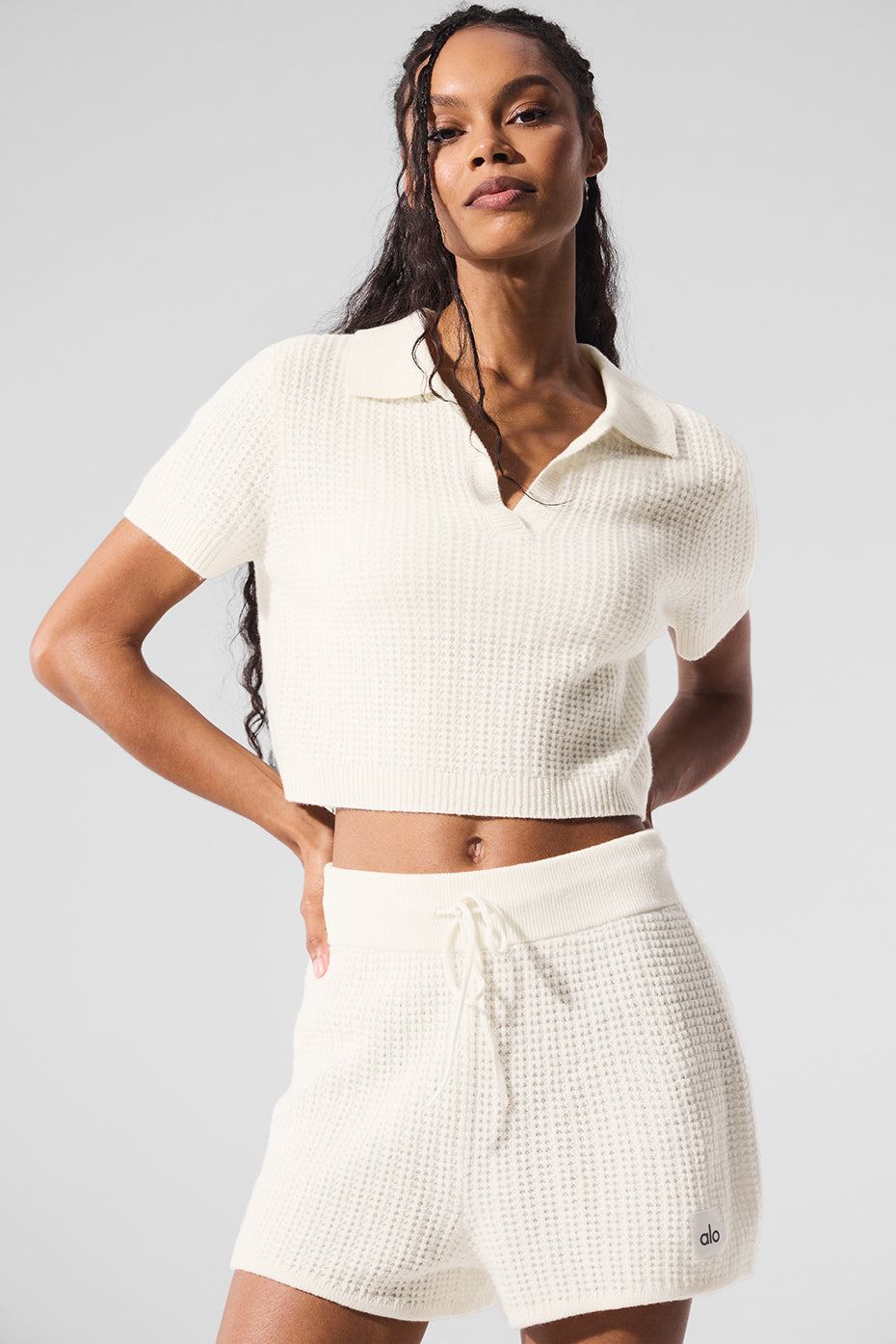Cashmere Plush Waffle Polo Tee - Ivory (W1468R)