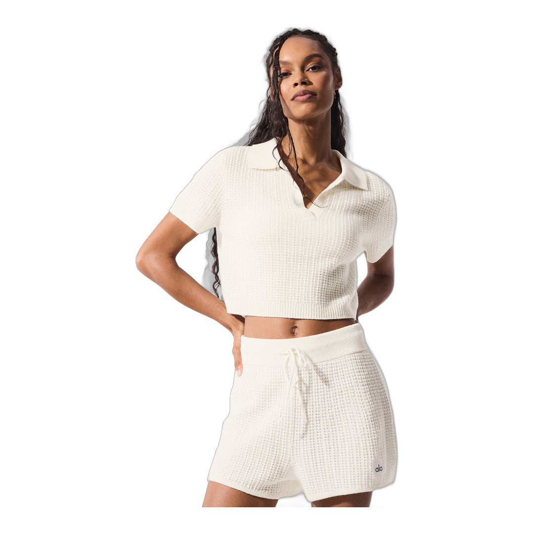 alo Cashmere Plush Waffle Polo Tee - Ivory by Alo Yoga