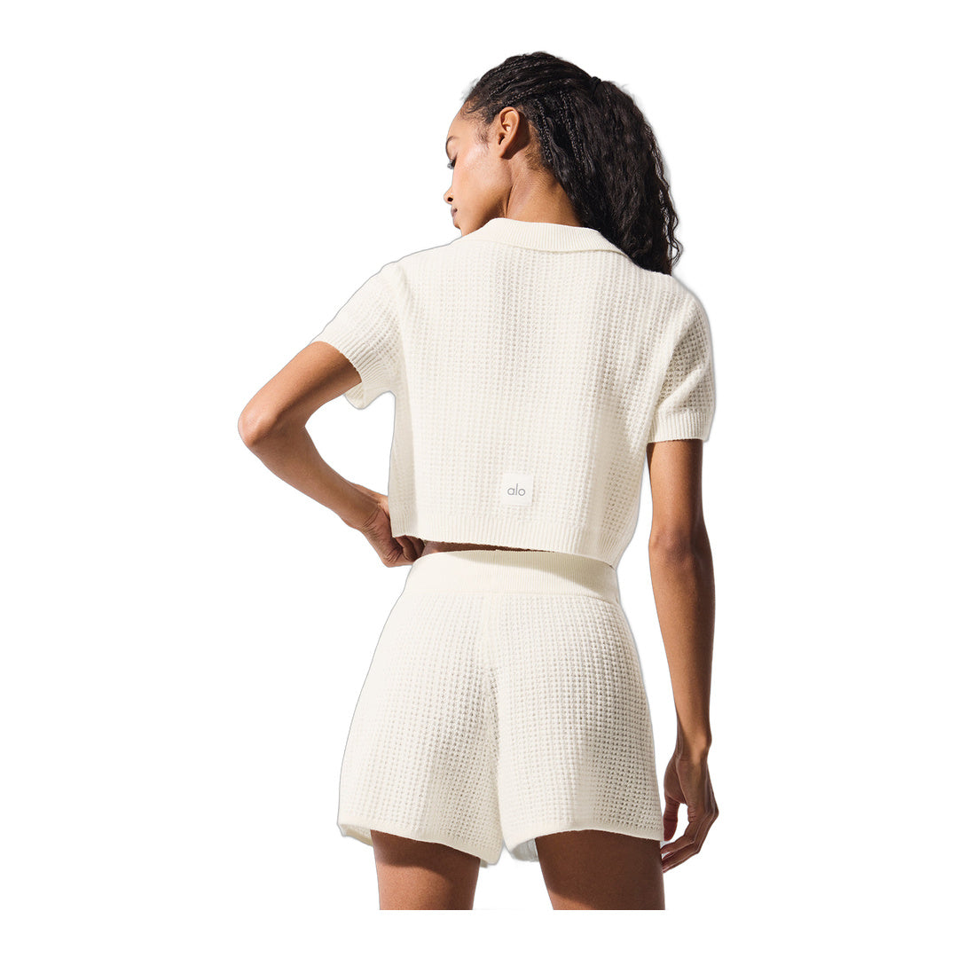 alo Cashmere Plush Waffle Polo Tee - Ivory by Alo Yoga