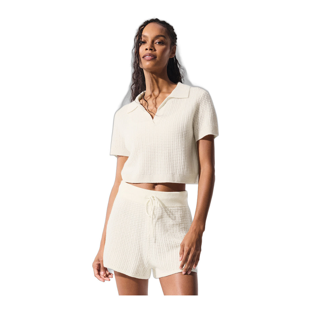 alo Cashmere Plush Waffle Polo Tee - Ivory by Alo Yoga