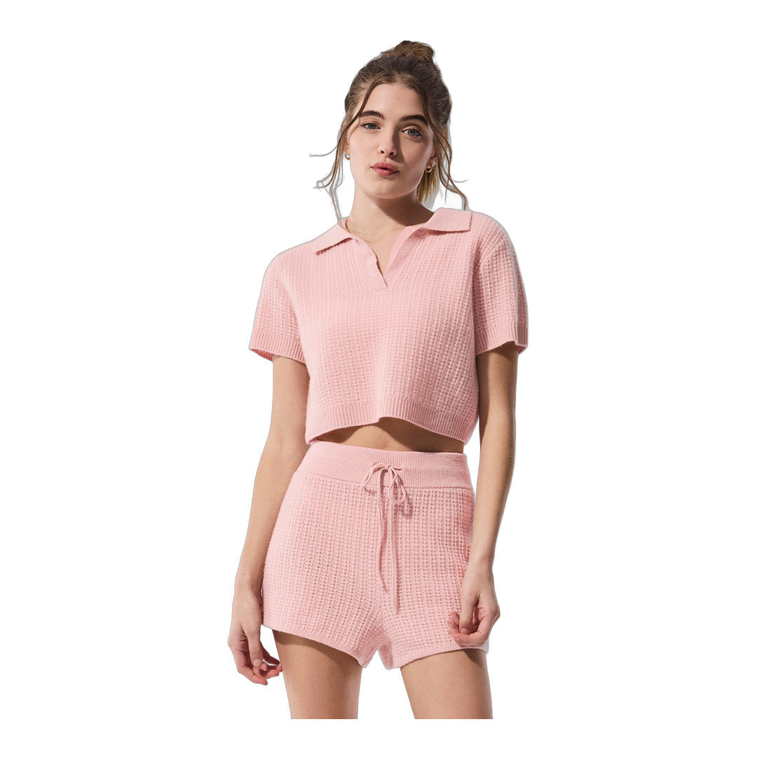 alo Cashmere Plush Waffle Polo Tee - Pink Quartz by Alo Yoga