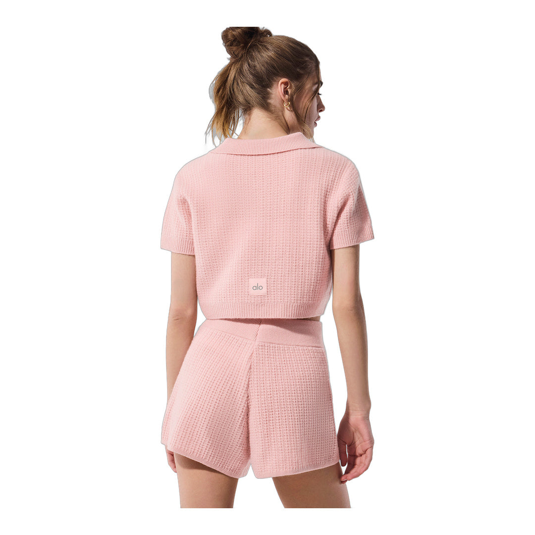 alo Cashmere Plush Waffle Polo Tee - Pink Quartz by Alo Yoga