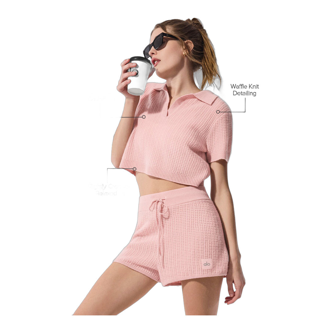 alo Cashmere Plush Waffle Polo Tee - Pink Quartz by Alo Yoga
