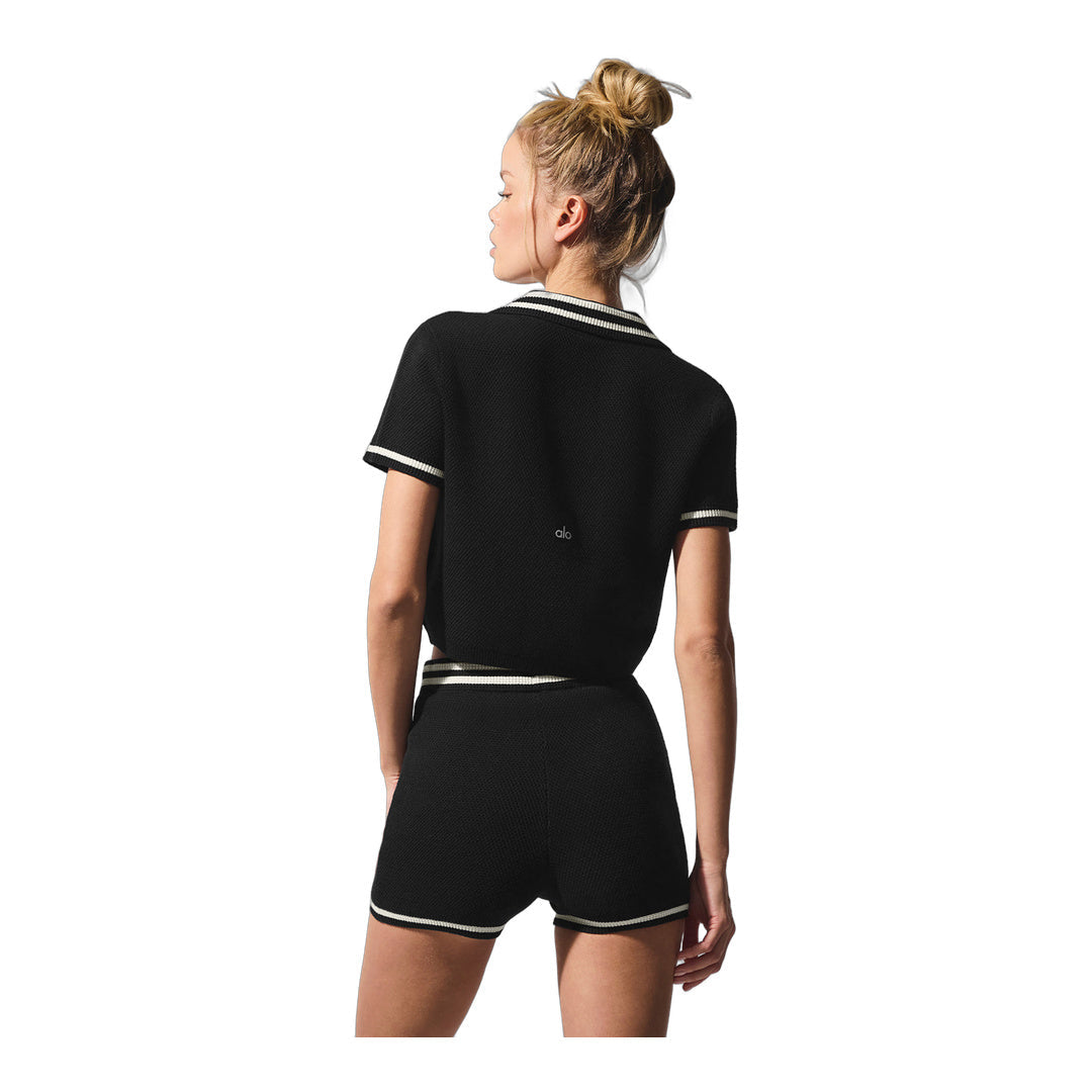 alo Tennis Club Sweater Knit Cropped Polo - Black/Ivory by Alo Yoga