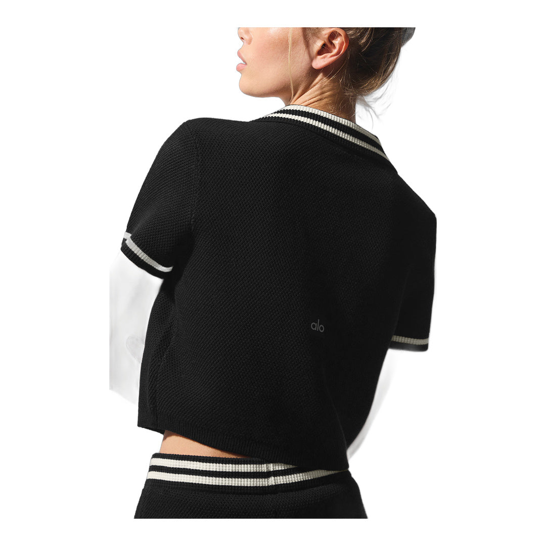 alo Tennis Club Sweater Knit Cropped Polo - Black/Ivory by Alo Yoga