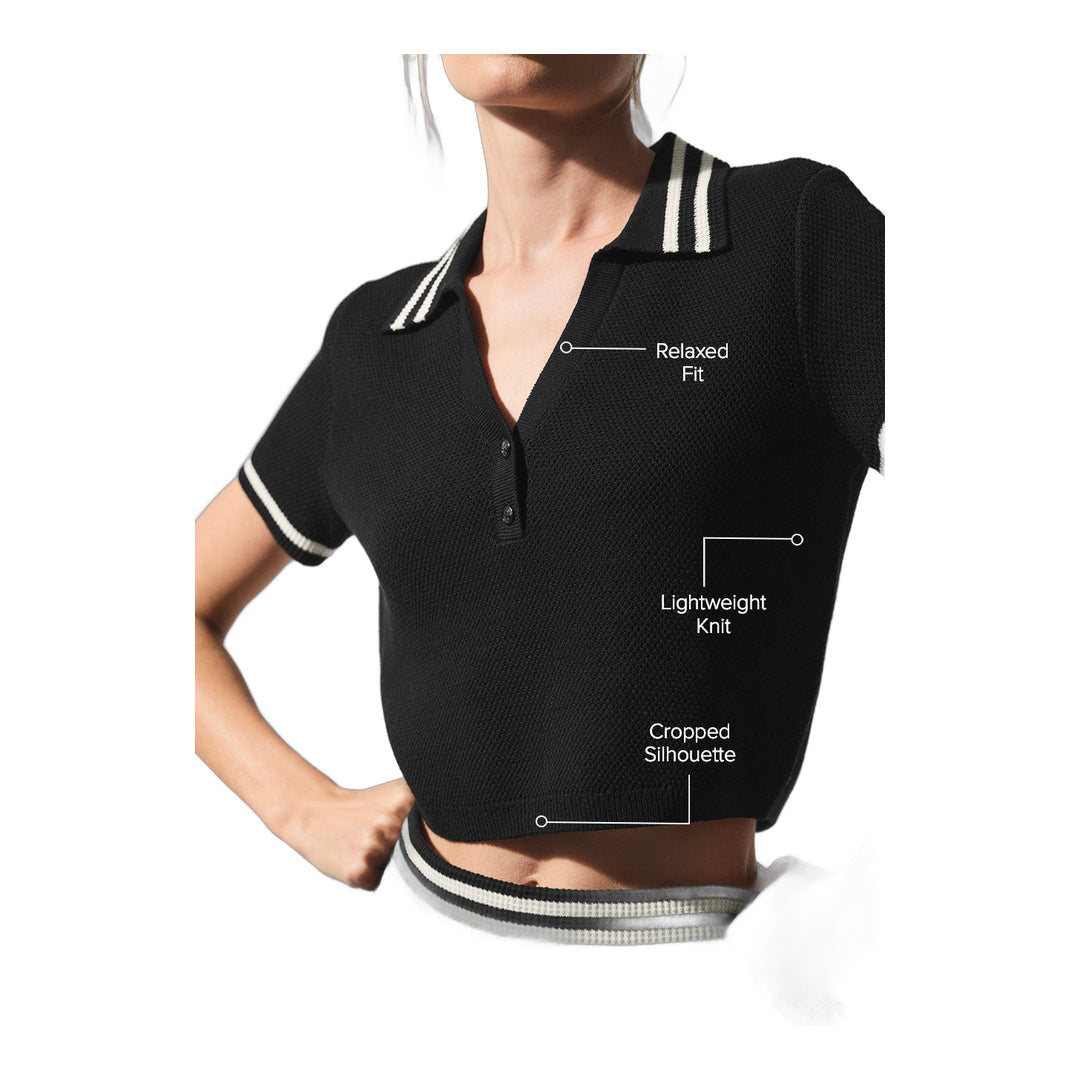 alo Tennis Club Sweater Knit Cropped Polo - Black/Ivory by Alo Yoga