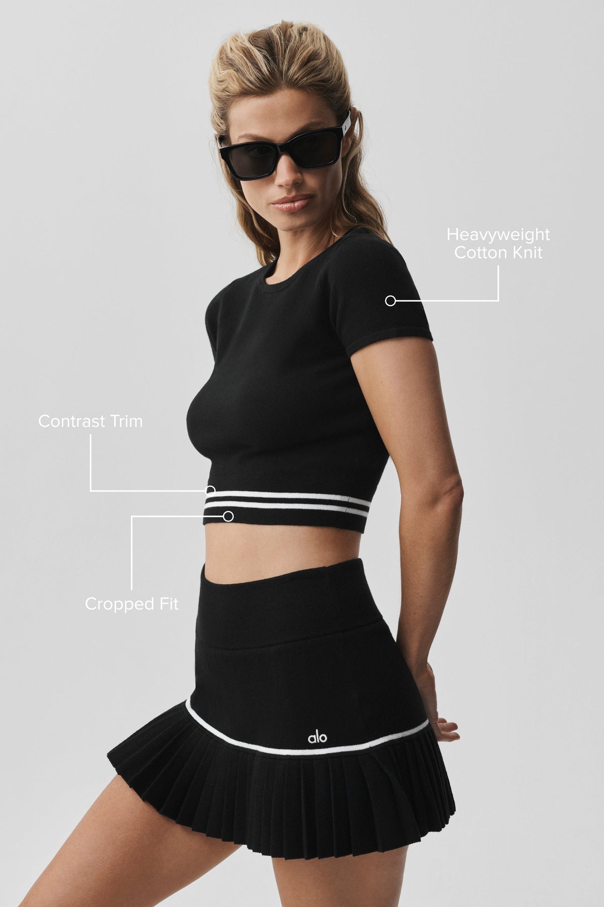 Alo Yoga Scholar Knit My Serve Short Sleeve in Black/White, product image 2 of 6