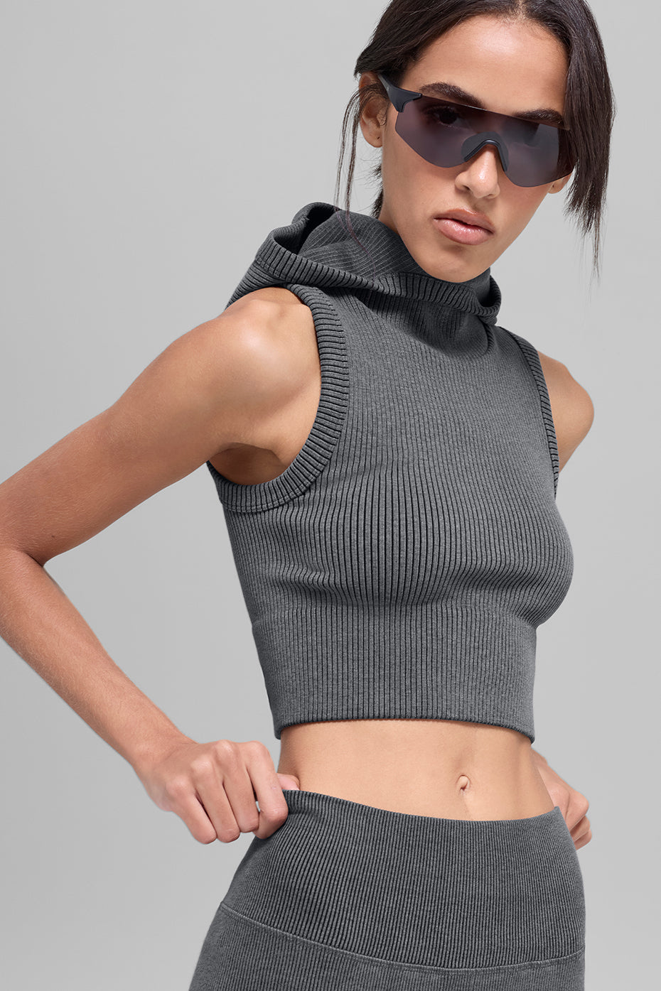 Seamless Two Tone Rib Hooded Vest - Dark Misty Grey Heather (W2816R)