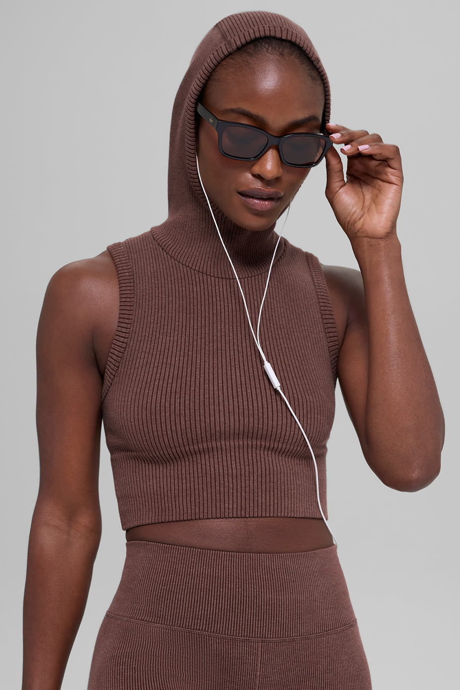 Seamless Two Tone Rib Hooded Vest - Brownstone Heather (W2816R)