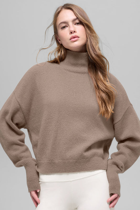 Wool Cashmere Cropped New Class Turtleneck Sweater - Chai Latte (W31006R)