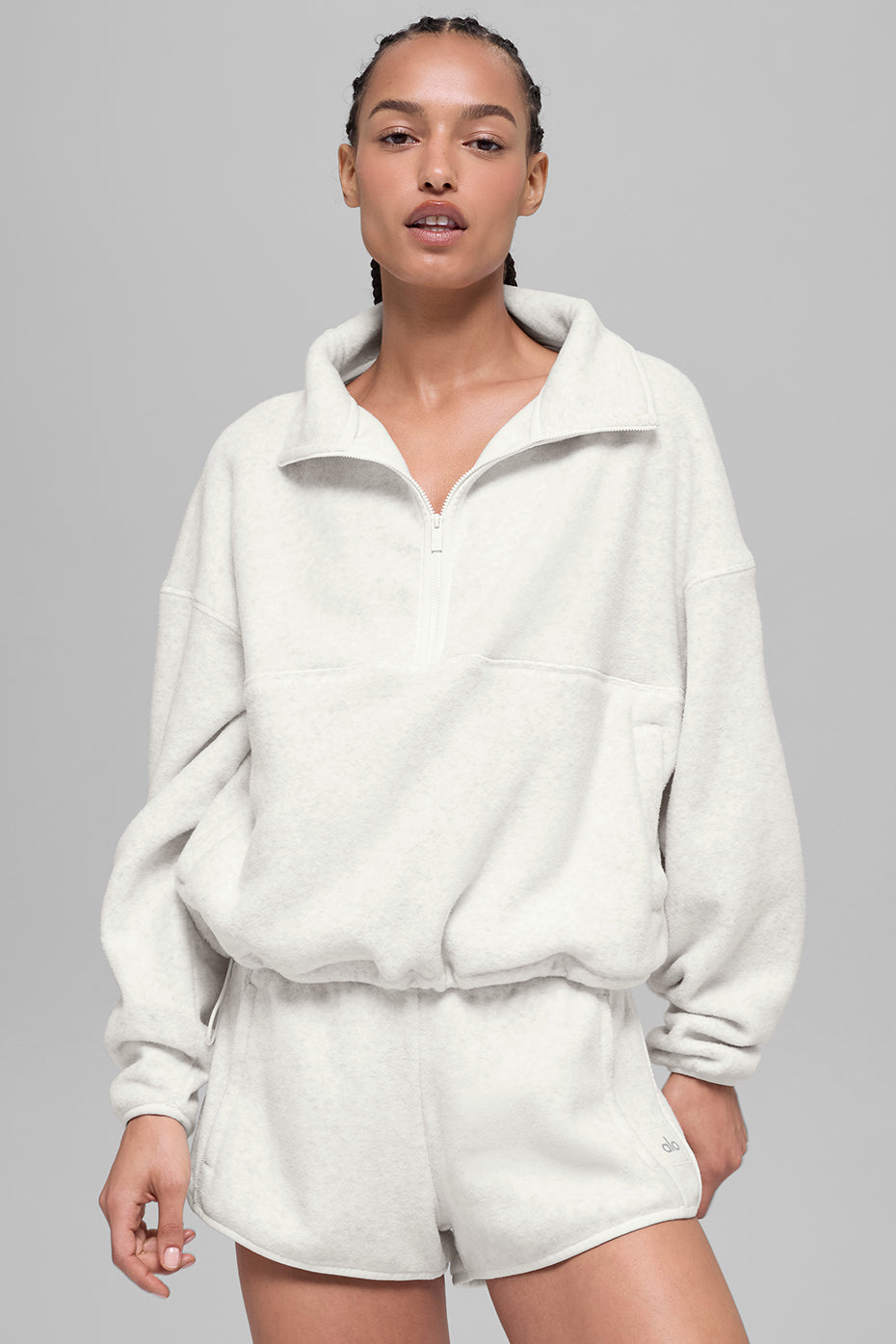 Alo Yoga Polar Fleece Retreat Cover Up in White Heather Grey