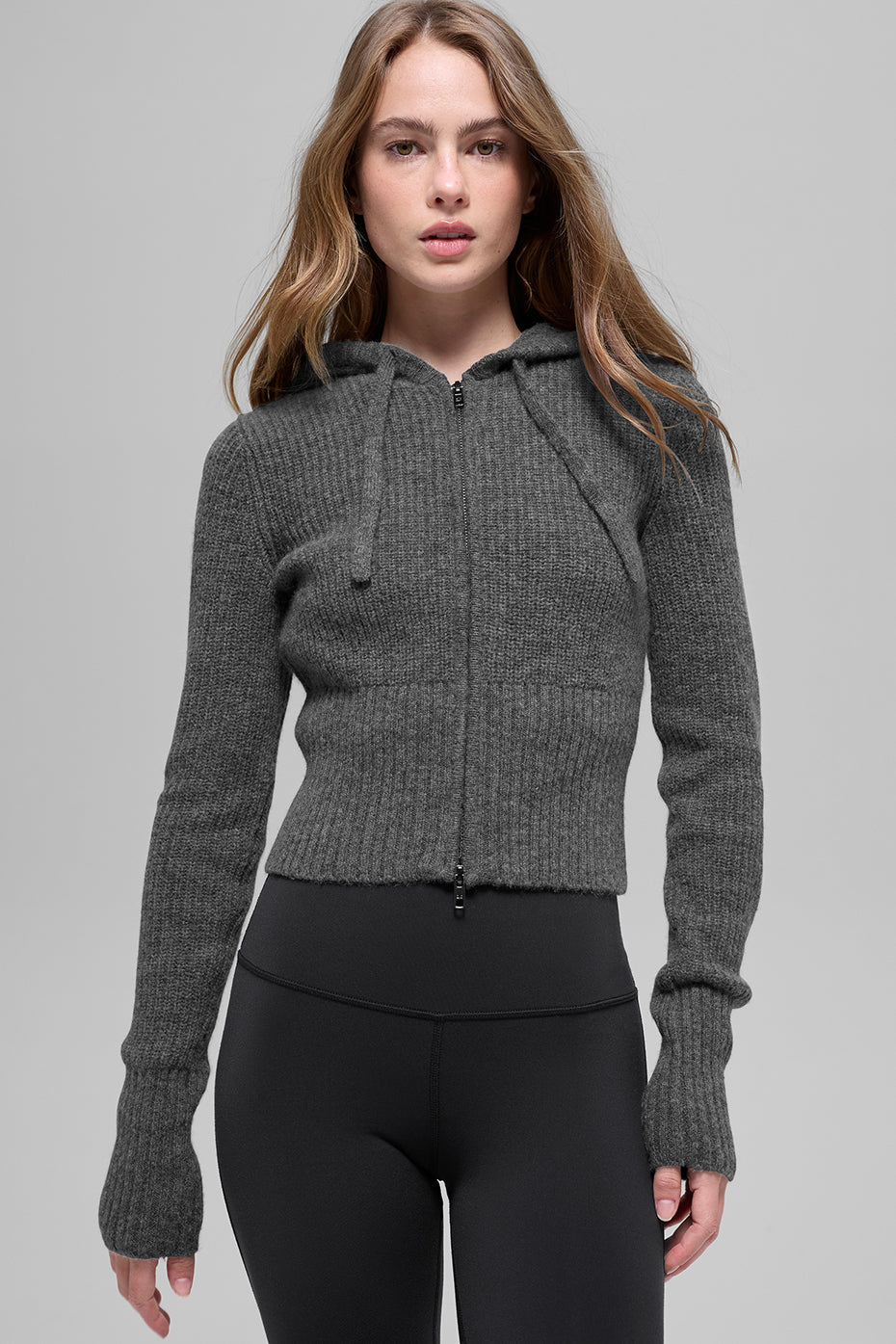 Wool Cashmere Ribbed Noble Full Zip Hoodie - Platinum Grey (W31022R)