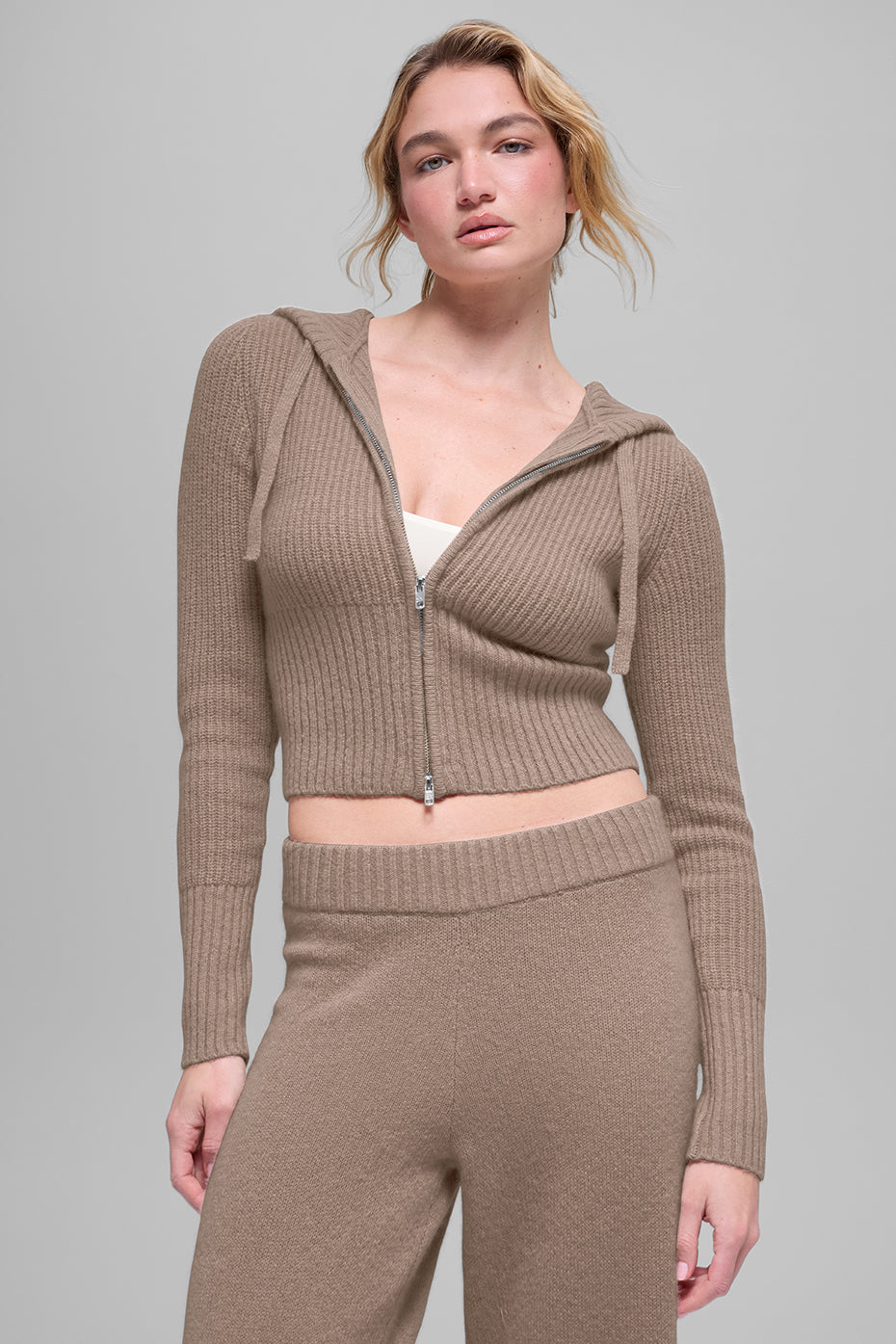 Wool Cashmere Ribbed Noble Full Zip Hoodie - Chai Latte (W31022R)