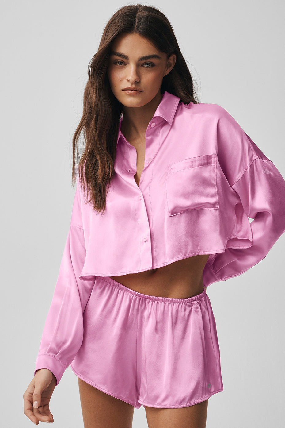 Silk Luminous Cropped Button Down Long Sleeve - Candy Heart Pink (W31041P)