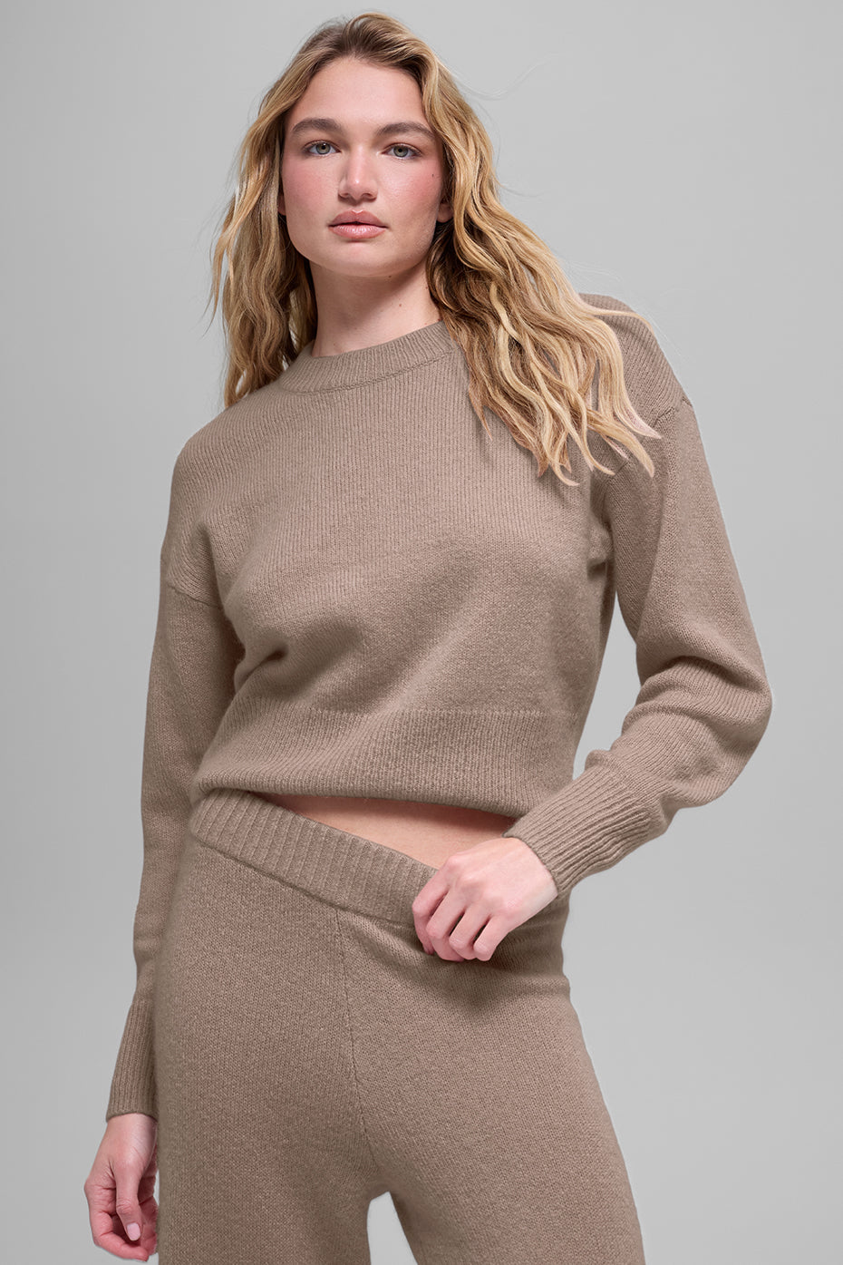Wool Cashmere Cropped New Class Crewneck Sweater - Chai Latte (W31057R)