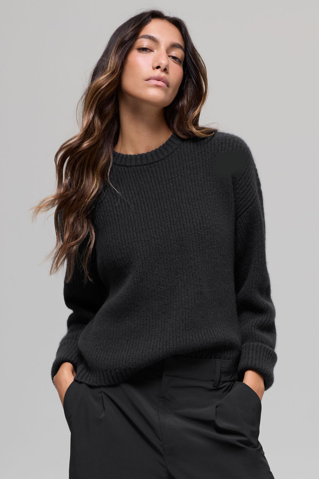 Wool Cashmere Ribbed Noble Crewneck Sweater - Black (W31058R)