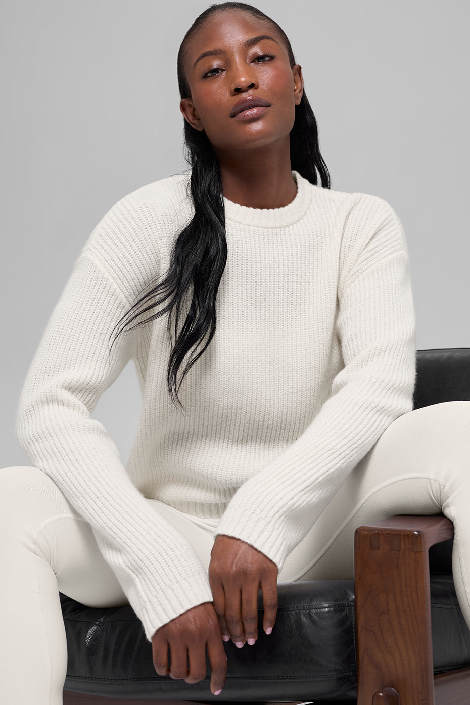 Wool Cashmere Ribbed Noble Crewneck Sweater - Ivory (W31058R)