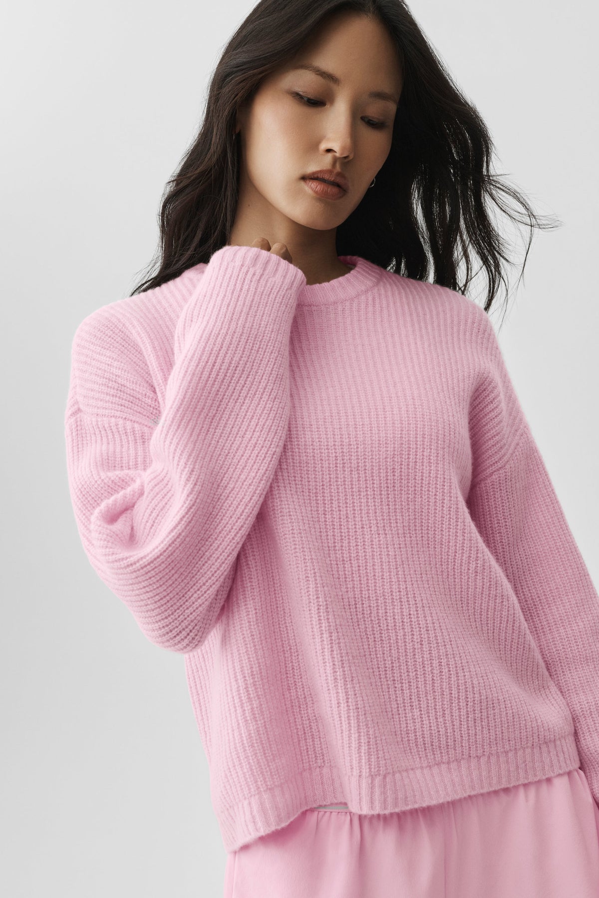 Alo Yoga Wool Cashmere Ribbed Noble Crewneck Sweater in Pink Marshmallow, product image 3 of 4