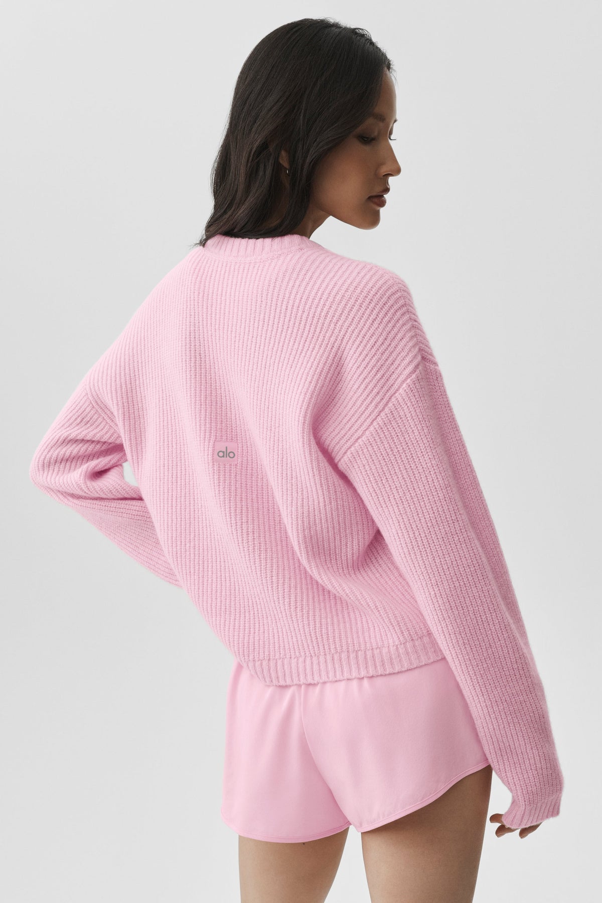 Alo Yoga Wool Cashmere Ribbed Noble Crewneck Sweater in Pink Marshmallow, product image 2 of 4