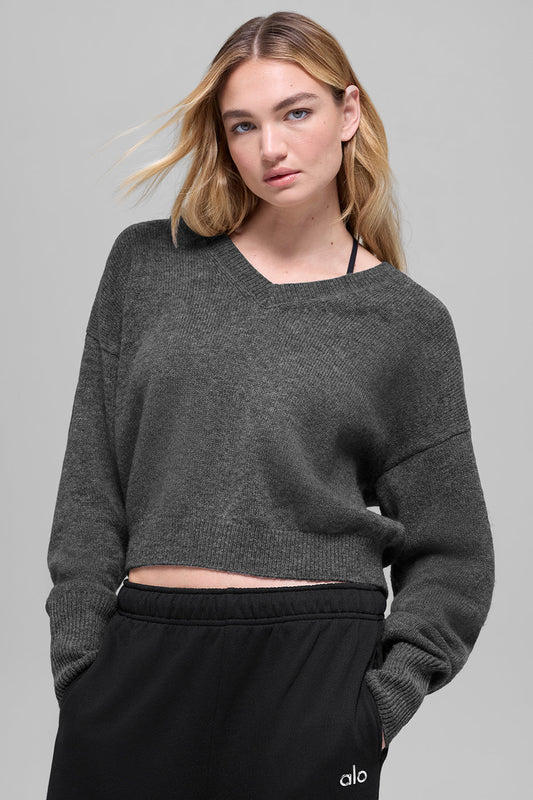 Wool Cashmere Cropped New Class V-Neck Sweater - Platinum Grey (W31059R)