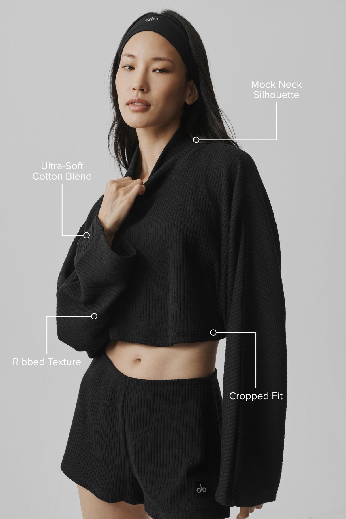 Alo Yoga Ribbed Cropped Reset Long Sleeve in Black, product image 2 of 6