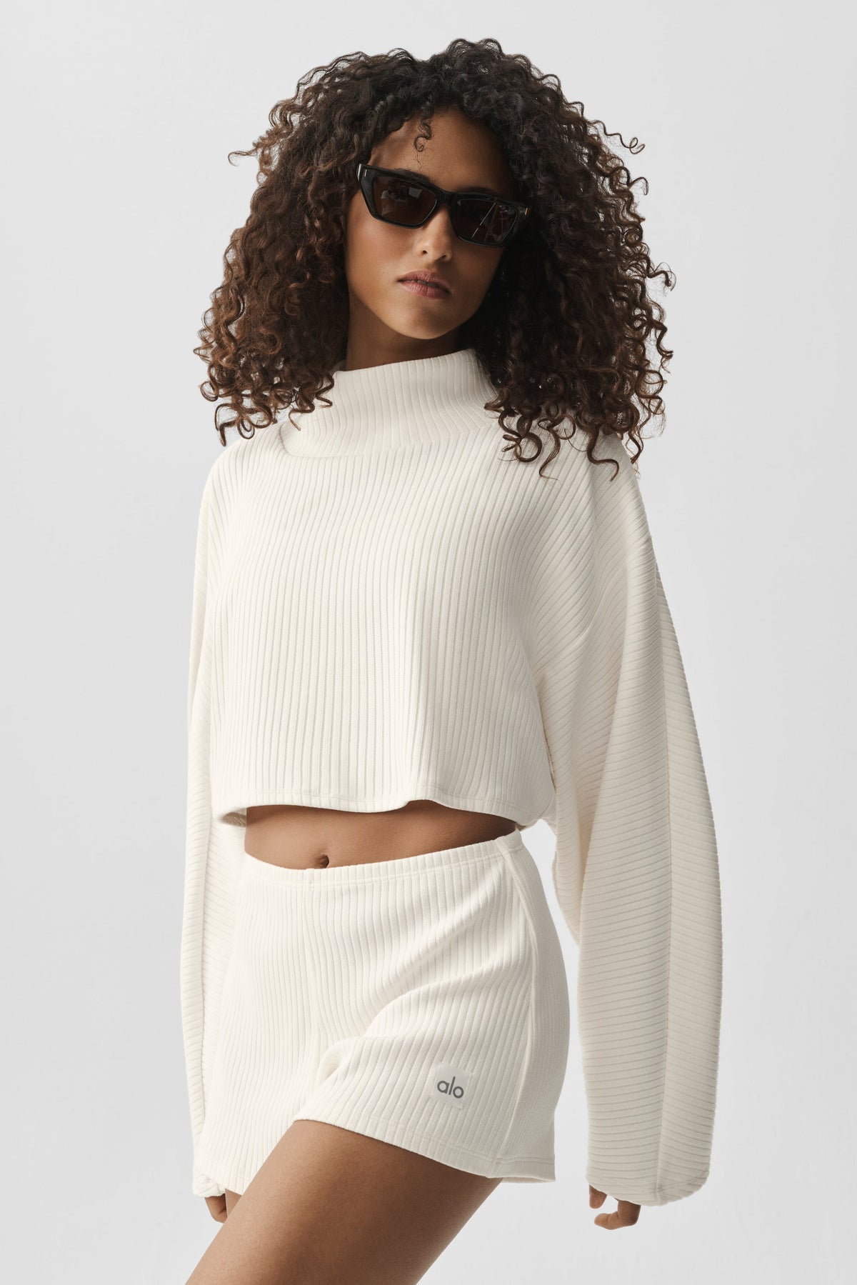 Alo Yoga Ribbed Cropped Reset Long Sleeve in Ivory