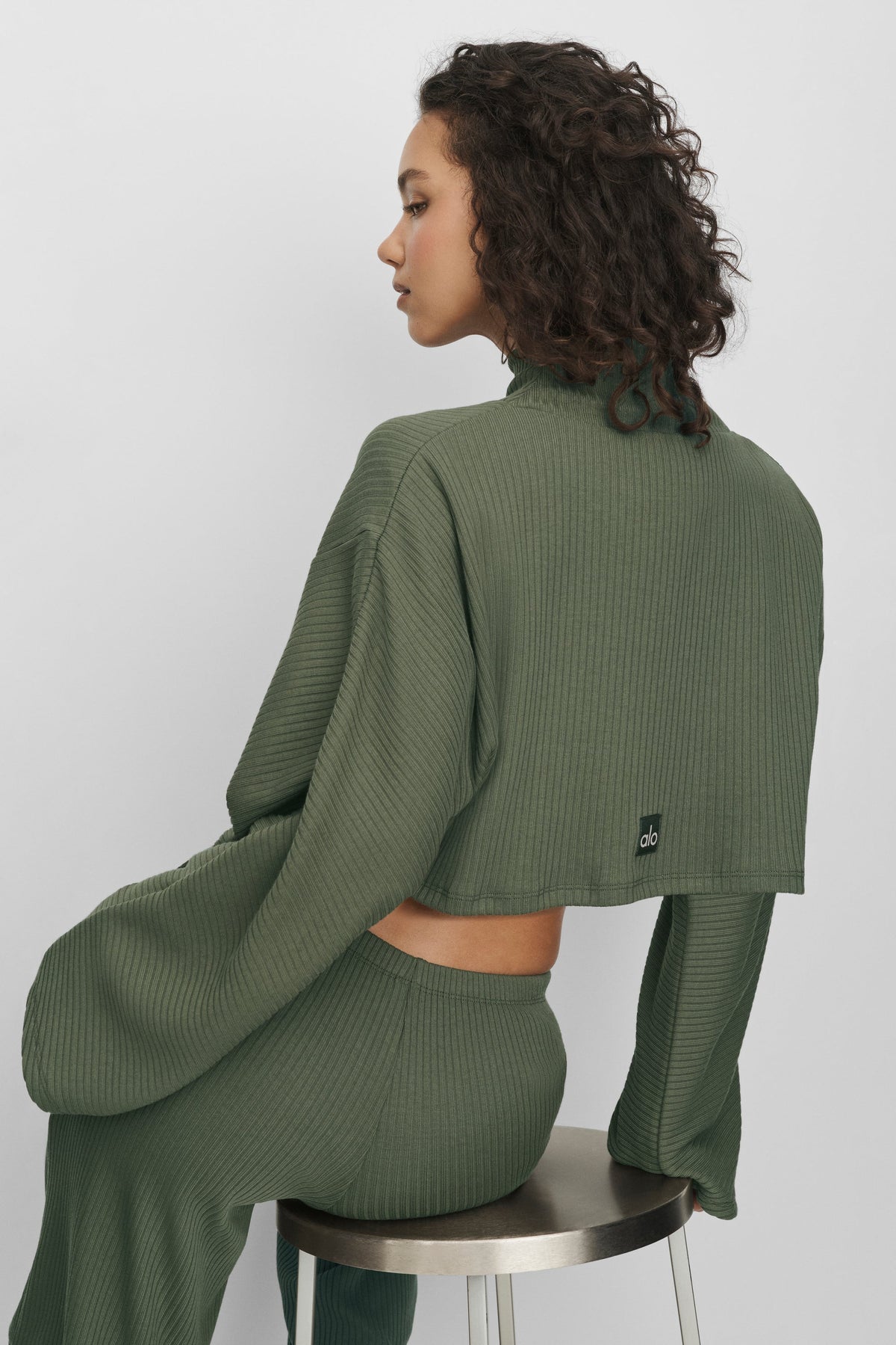 Alo Yoga Ribbed Cropped Reset Long Sleeve in Bamboo Green, product image 2 of 5