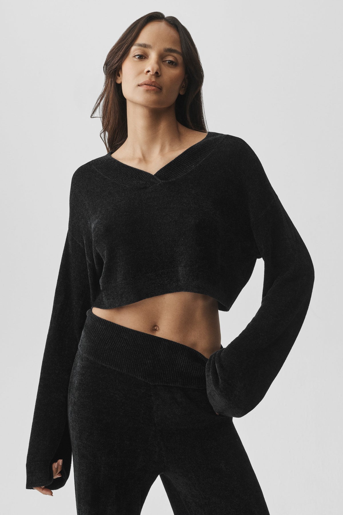 Alo Yoga Micro Chenille Cropped V-Neck Coverup in Black, product image 3 of 5