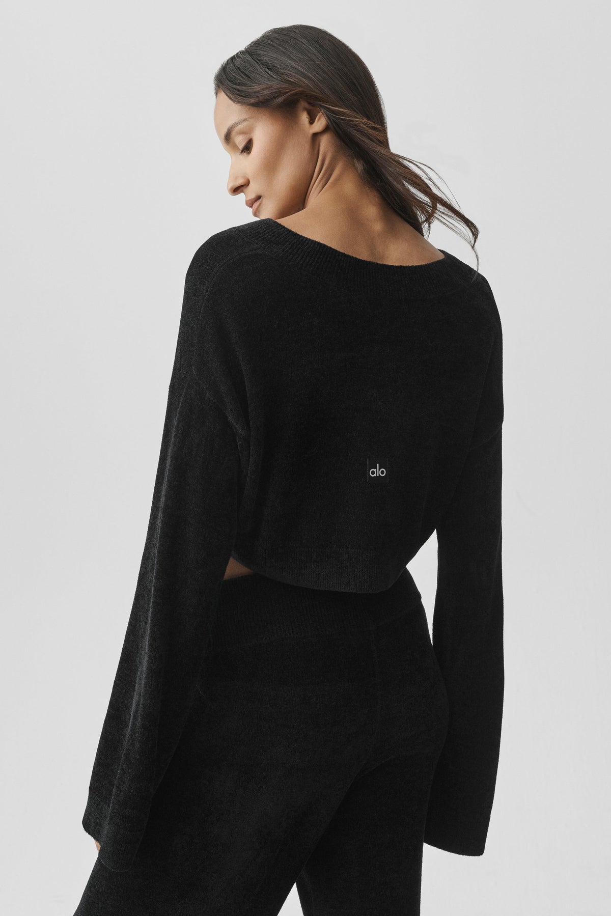 Alo Yoga Micro Chenille Cropped V-Neck Coverup in Black, product image 4 of 5