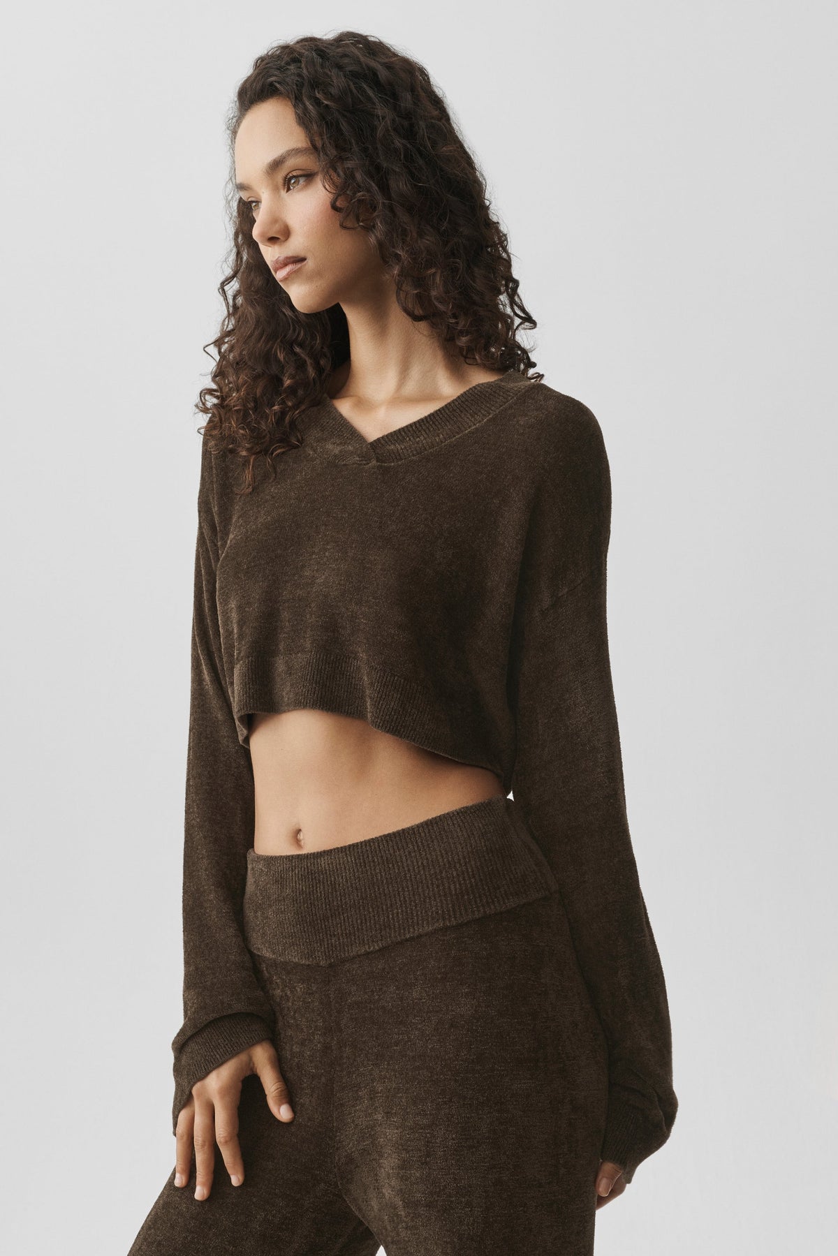 Alo Yoga Micro Chenille Cropped V-Neck Coverup in Espresso, product image 3 of 5