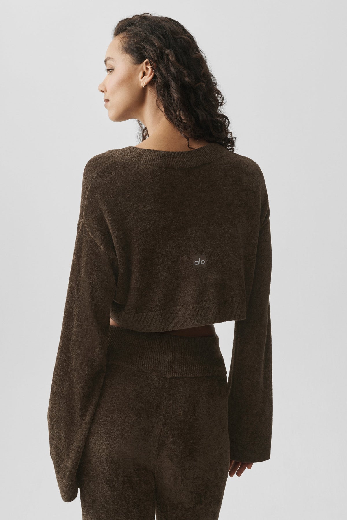 Alo Yoga Micro Chenille Cropped V-Neck Coverup in Espresso, product image 4 of 5