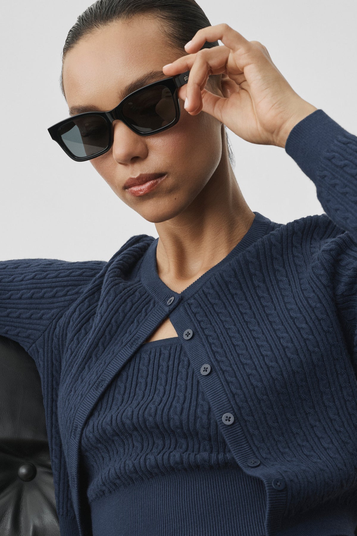 Alo Yoga Mini Cable Sweater Cardigan in Navy, product image 4 of 5