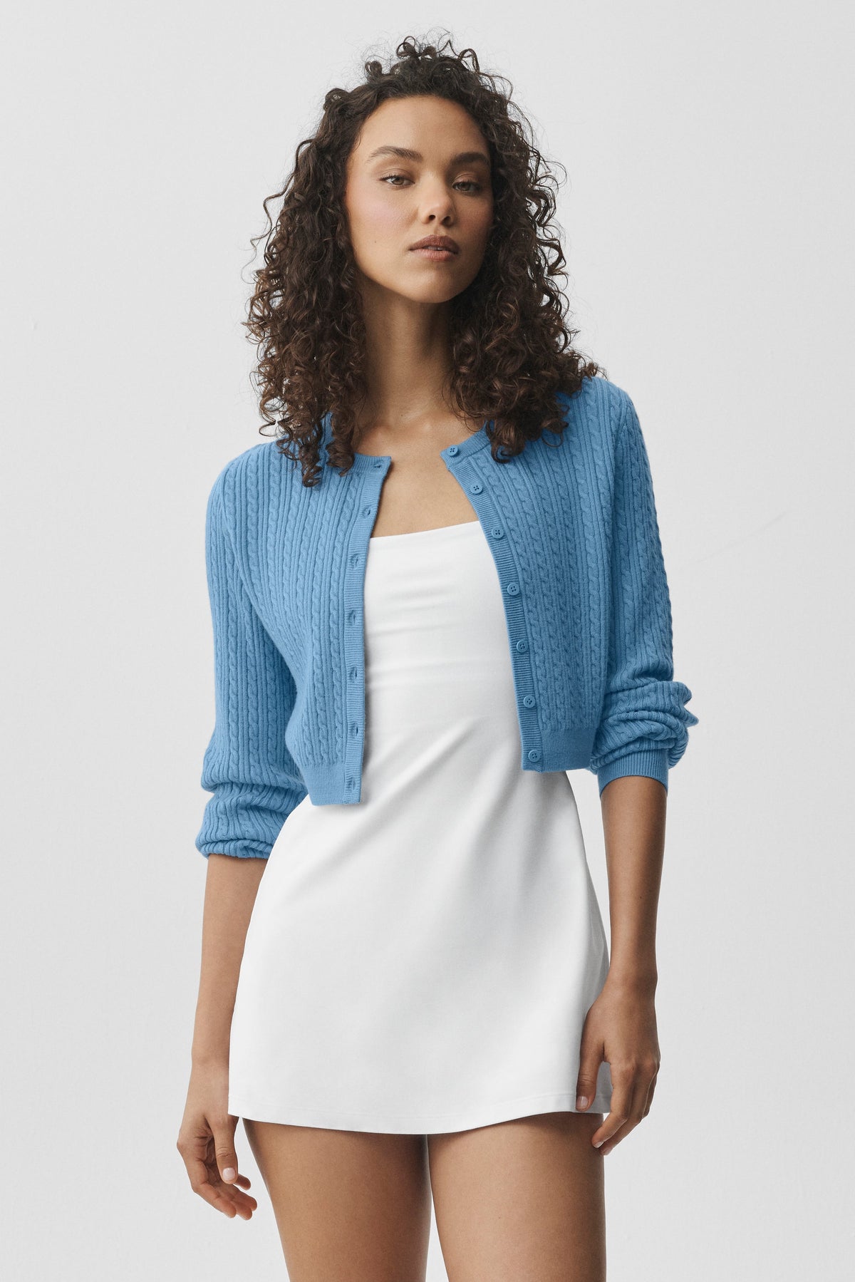 Alo Yoga Mini Cable Sweater Cardigan in California Blue, product image 3 of 6