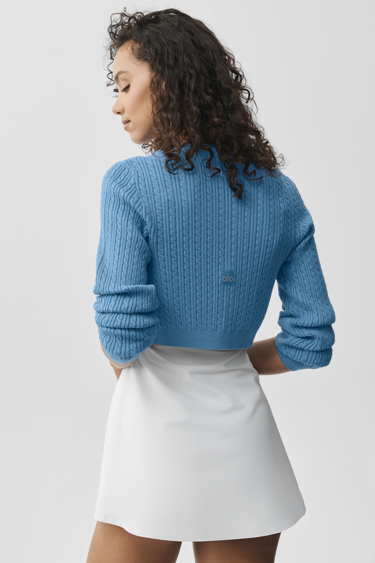 Alo Yoga Mini Cable Sweater Cardigan in California Blue, product image 2 of 6