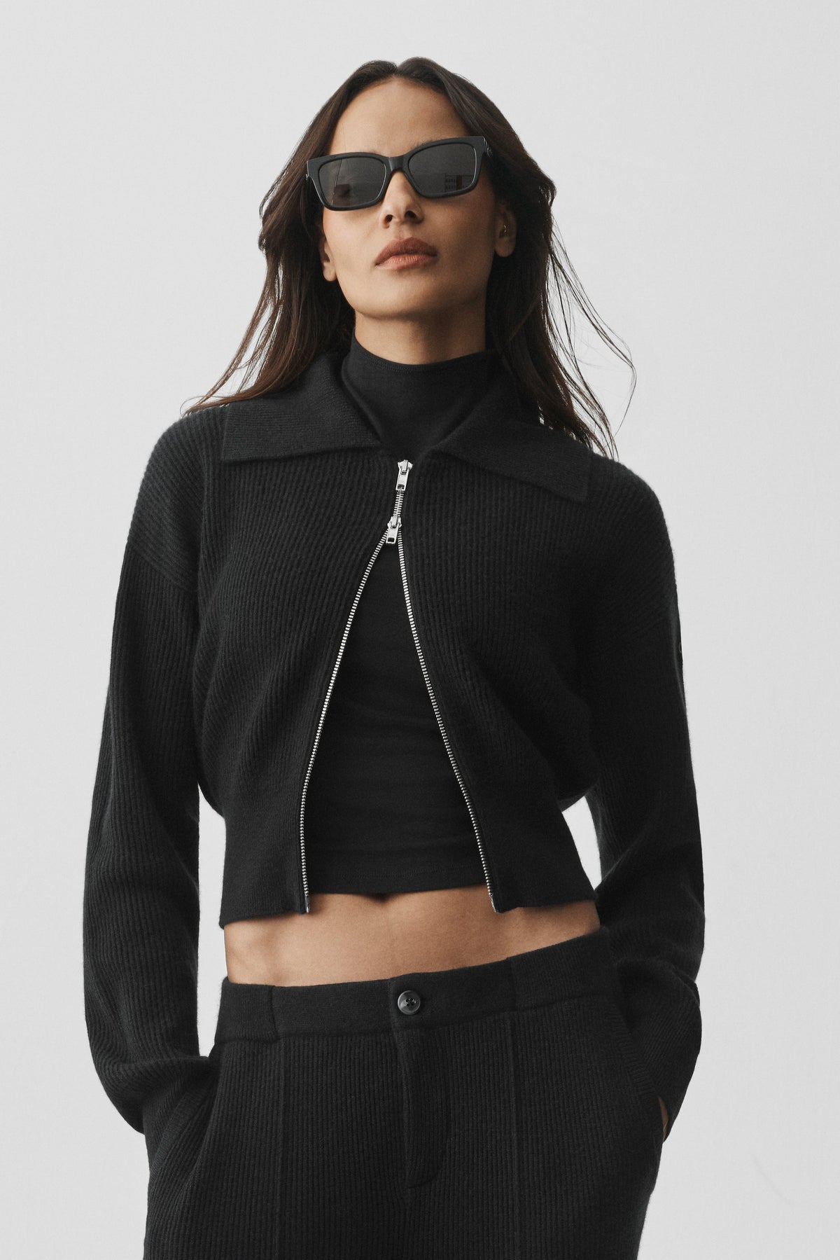 Alo Yoga Cashmere Wool Harmony Full Zip Jacket in Black, product image 3 of 6