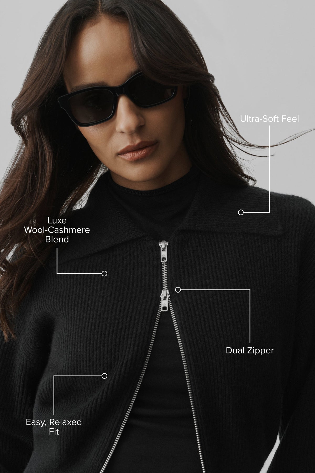 Alo Yoga Cashmere Wool Harmony Full Zip Jacket in Black, product image 2 of 6