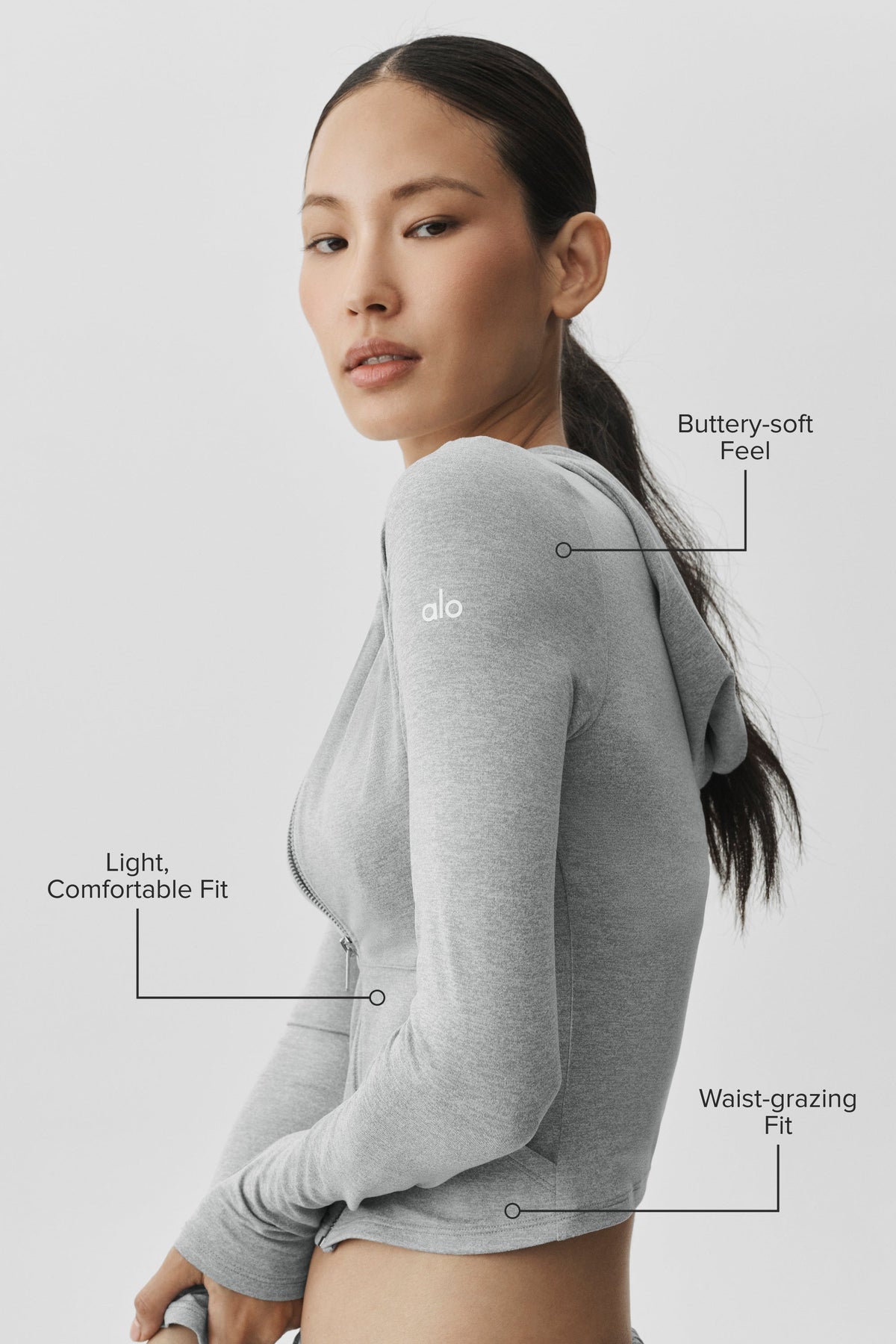 Alo Yoga Alosoft Finesse Full Zip Fitted Hoodie in Vintage Athletic Heather, product image 2 of 5