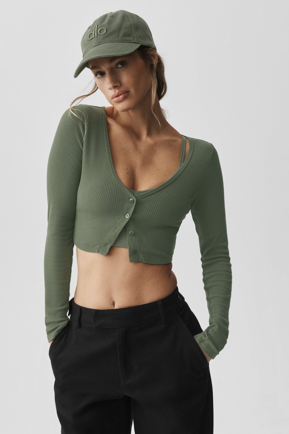 Alo Yoga Ribbed Cropped Whisper Cardigan in Bamboo Green, product image 4 of 5